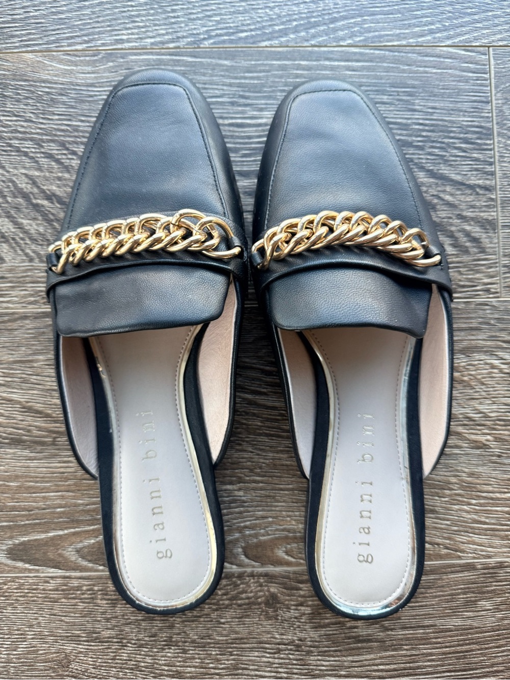 Gianni Bini Black Leather Slip-on Mules with Gold Chain Accent